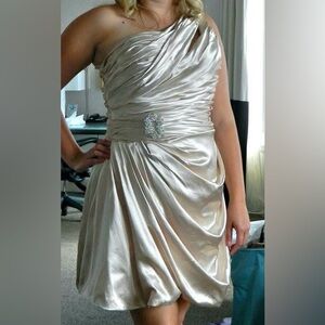 Elegant One Shoulder Satin Dress - Cream